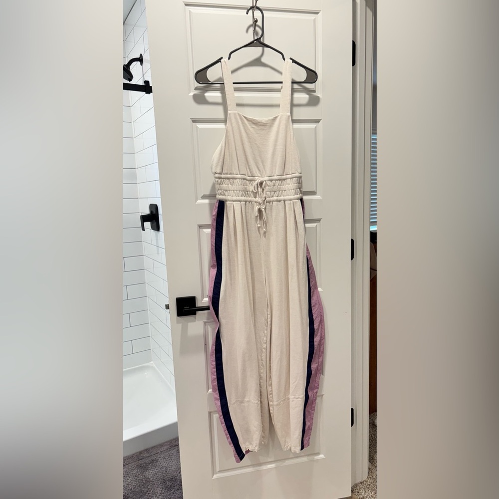 At Anthropologie by Daily Practice Cream Jumpsuit with Colorful Stripes EUC